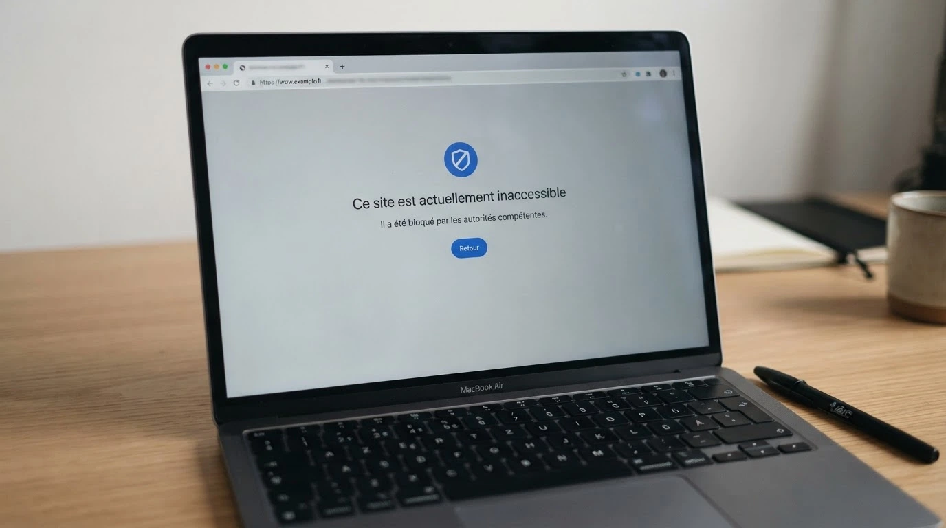 Écran d'ordinateur affichant le message de blocage de l'ANJ : « L'accès à ce site que vous tentez de consulter est bloqué »