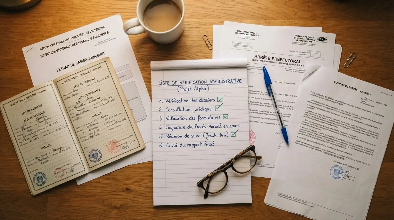 Un sous-main de travail avec des documents officiels, le registre ANJ et une grille de critères manuscrite