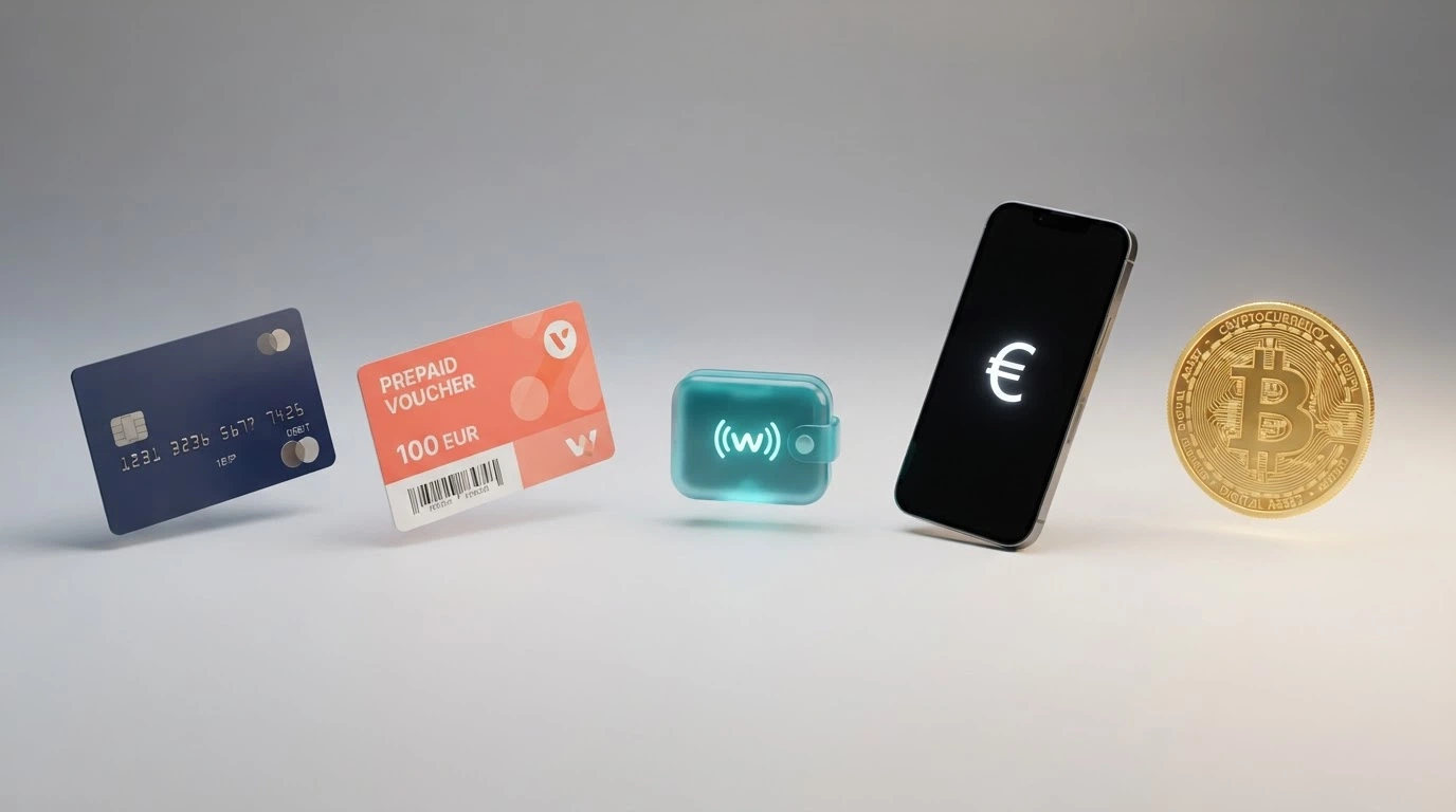 Logos alignés des moyens de paiement acceptant un dépôt de 5 € : Visa, Mastercard, Skrill, Neteller, Paysafecard et Bitcoin