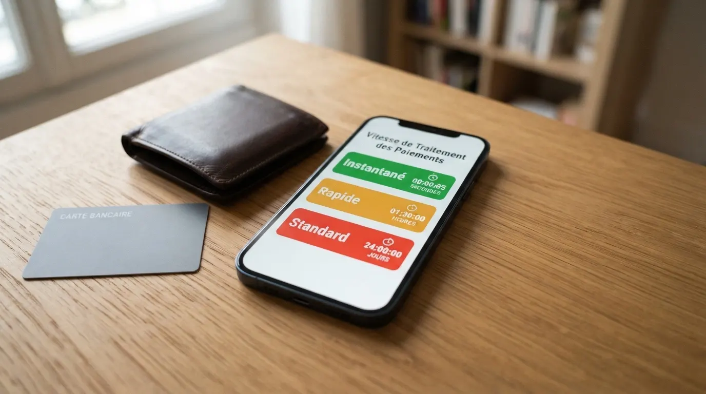 Smartphone affichant un tableau comparatif de méthodes de paiement avec leurs délais respectifs, entouré de cartes bancaires et d'un portefeuille électronique