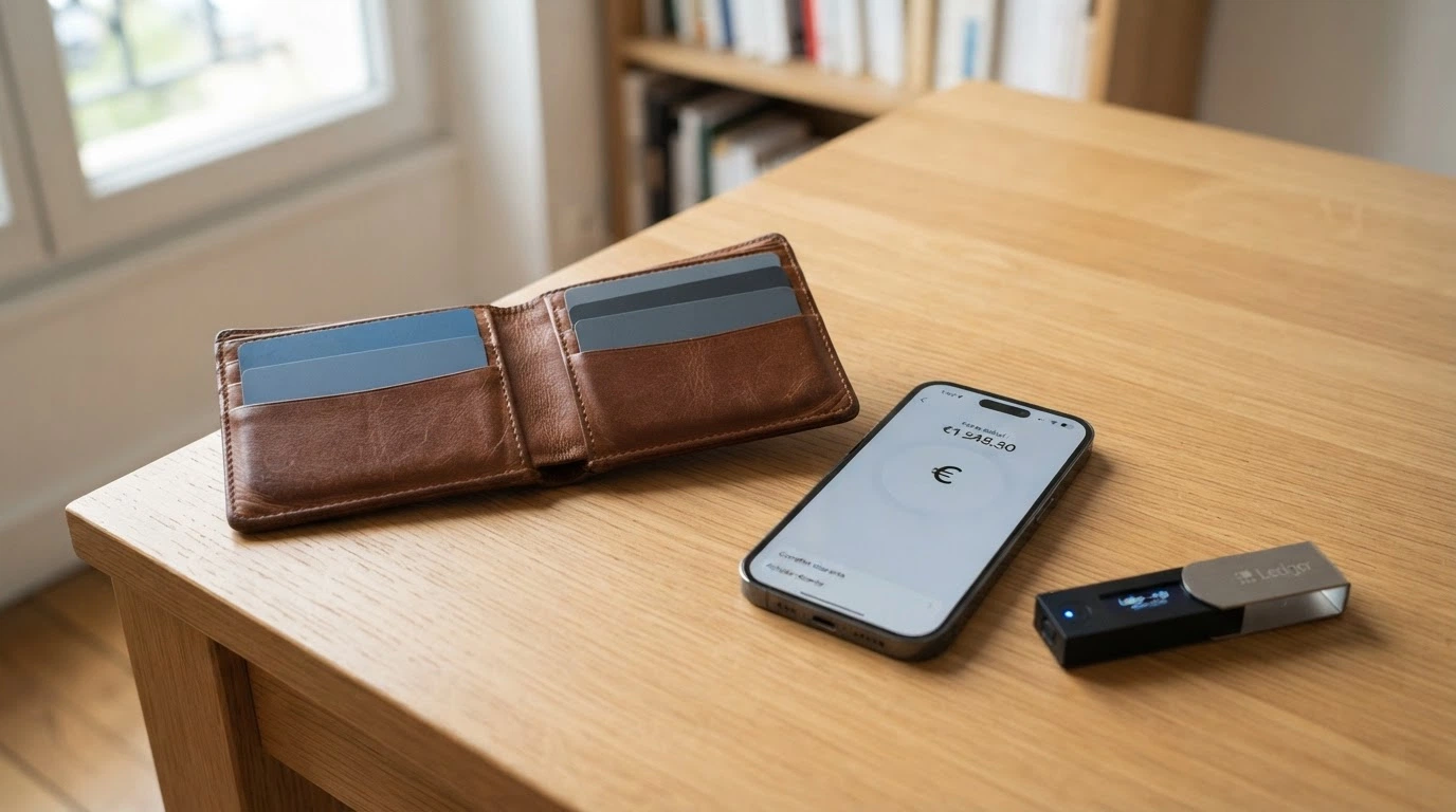 Un portefeuille ouvert laissant voir des cartes bancaires, un téléphone affichant une application de paiement, et une clé USB symbolisant la cryptomonnaie