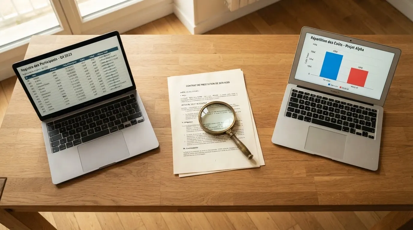 Un bureau d'analyse avec écrans affichant le registre ANJ, le Code de la sécurité intérieure et un rapport PwC, une loupe posée sur la liste des opérateurs