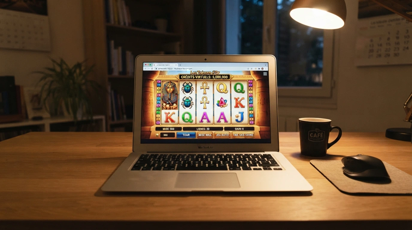 Écran de jeu gratuit d'une machine à sous en mode démonstration dans un navigateur, avec un compteur de crédits virtuels