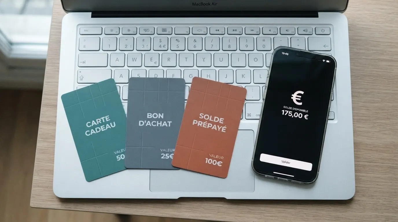 Plusieurs cartes prépayées et un téléphone affichant un portefeuille électronique, posés sur un fond de clavier d'ordinateur