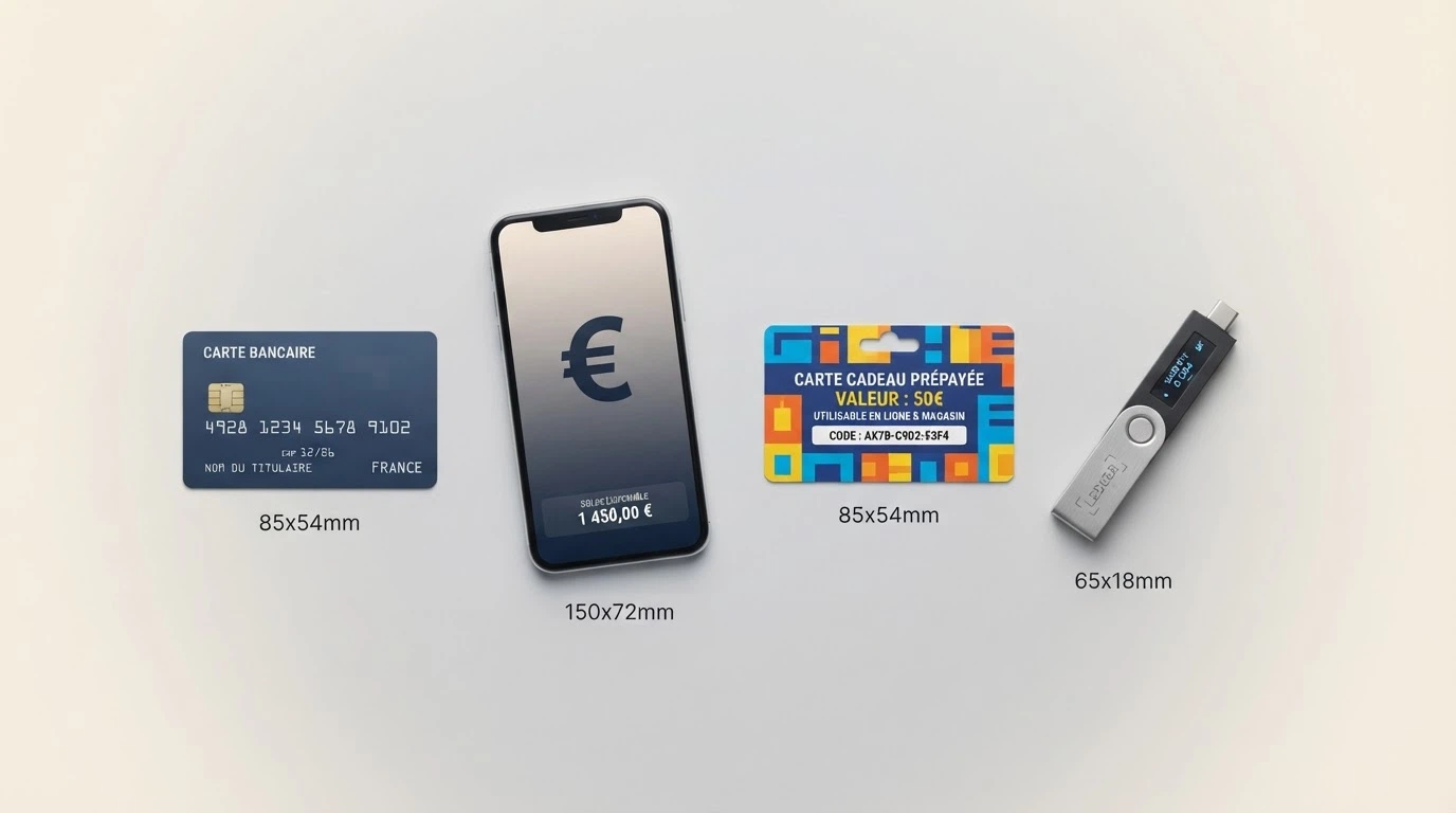 Un éventail de moyens de paiement (carte bancaire, mobile, voucher, crypto) disposés autour d'une pièce de 1 €