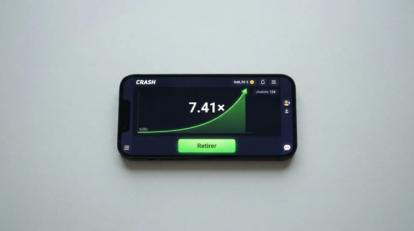 Écran d'un jeu crash montrant la courbe du multiplicateur et le bouton de retrait