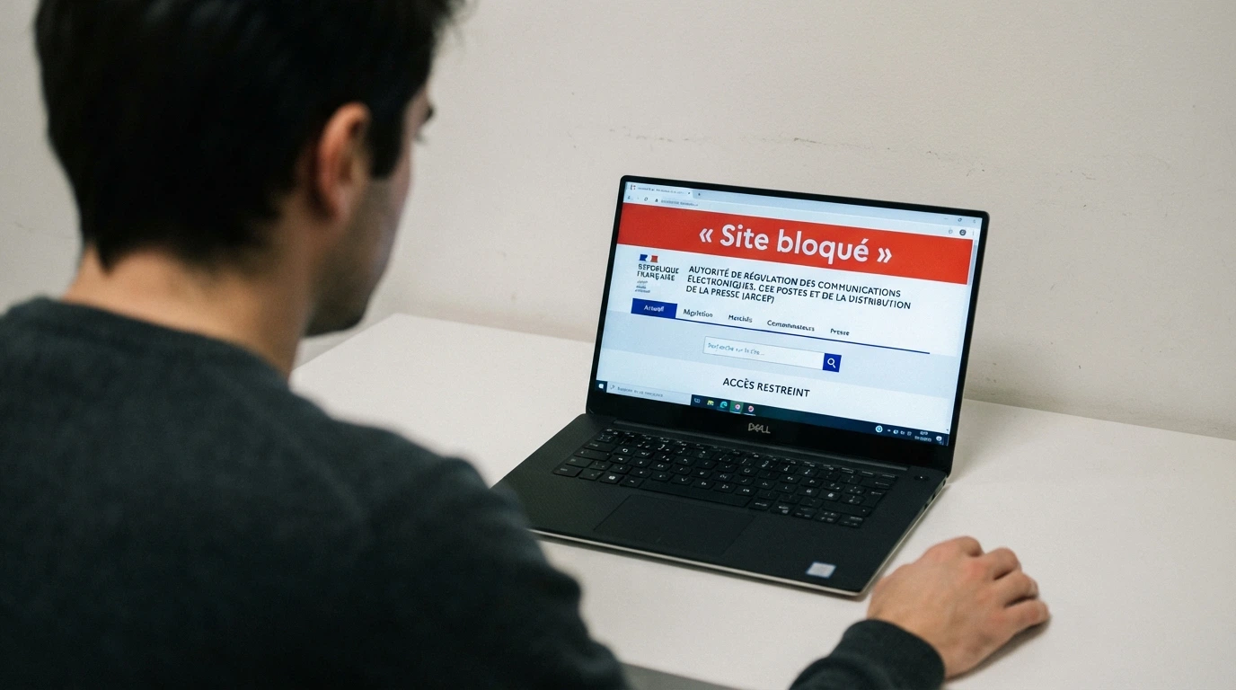 L'écran d'un ordinateur affichant la page d'accueil de l'ANJ avec la mention « site bloqué » en surimpression