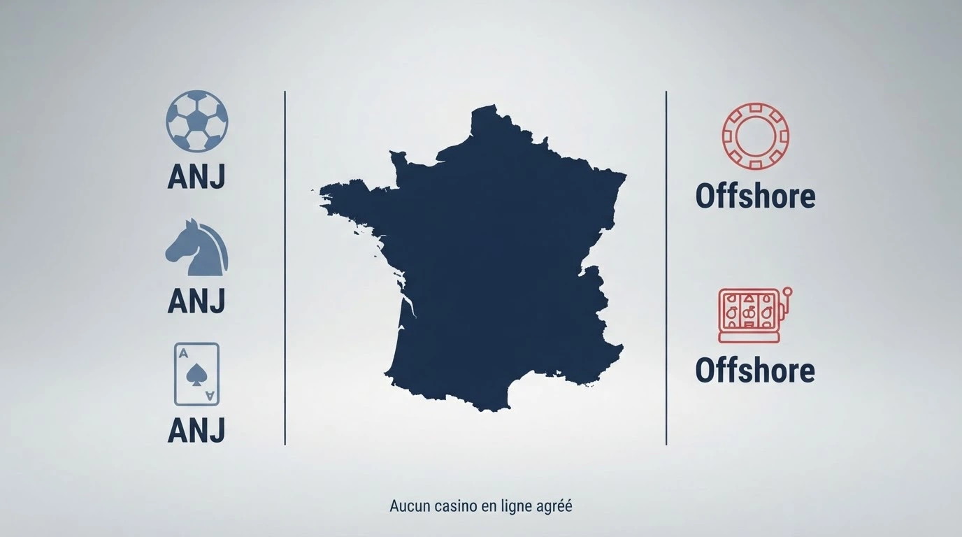 Une carte de France avec deux colonnes : d'un côté les jeux agréés ANJ (paris sportifs, poker, hippisme), de l'autre les casinos offshore avec bonus 100 % marqués comme non agréés.
