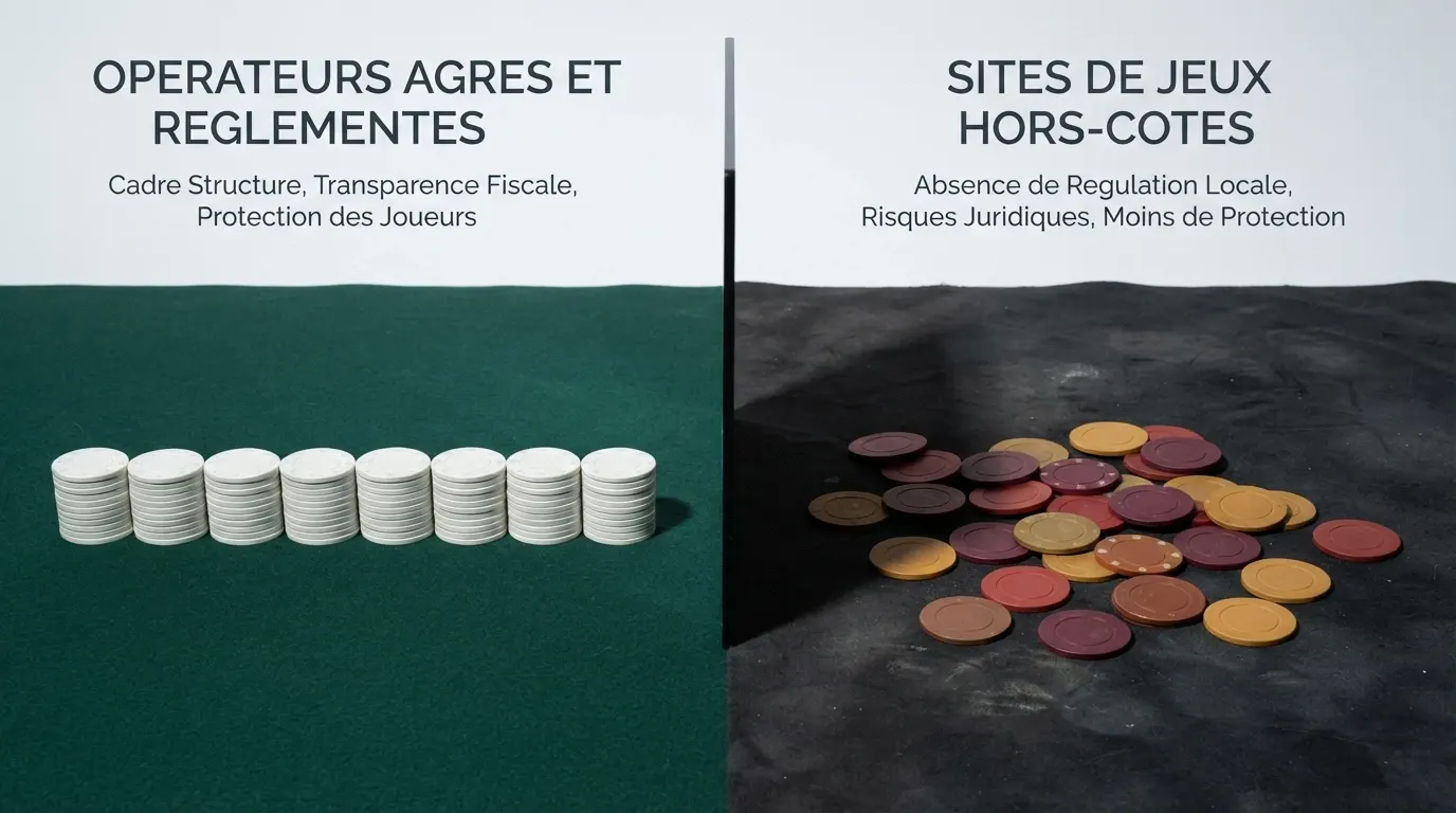 Un écran partagé en deux colonnes : à gauche les logos des opérateurs agréés ANJ (Unibet, Betclic, Betsson), à droite les logos des casinos offshore (Wild Sultan, Betify, MyStake, Winoui)