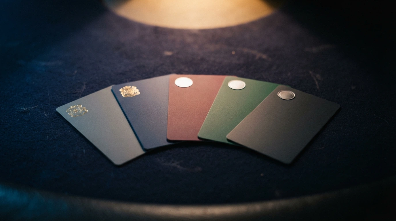 Un éventail de cartes de casino disposées en comparaison, certaines portant le sceau MGA, d'autres un marqueur « autre licence »