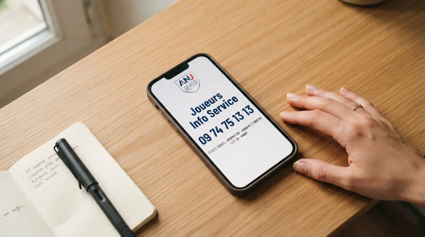Un téléphone portable affichant l'écran d'accueil de Joueurs Info Service avec le numéro 09 74 75 13 13 et le logo de l'ANJ