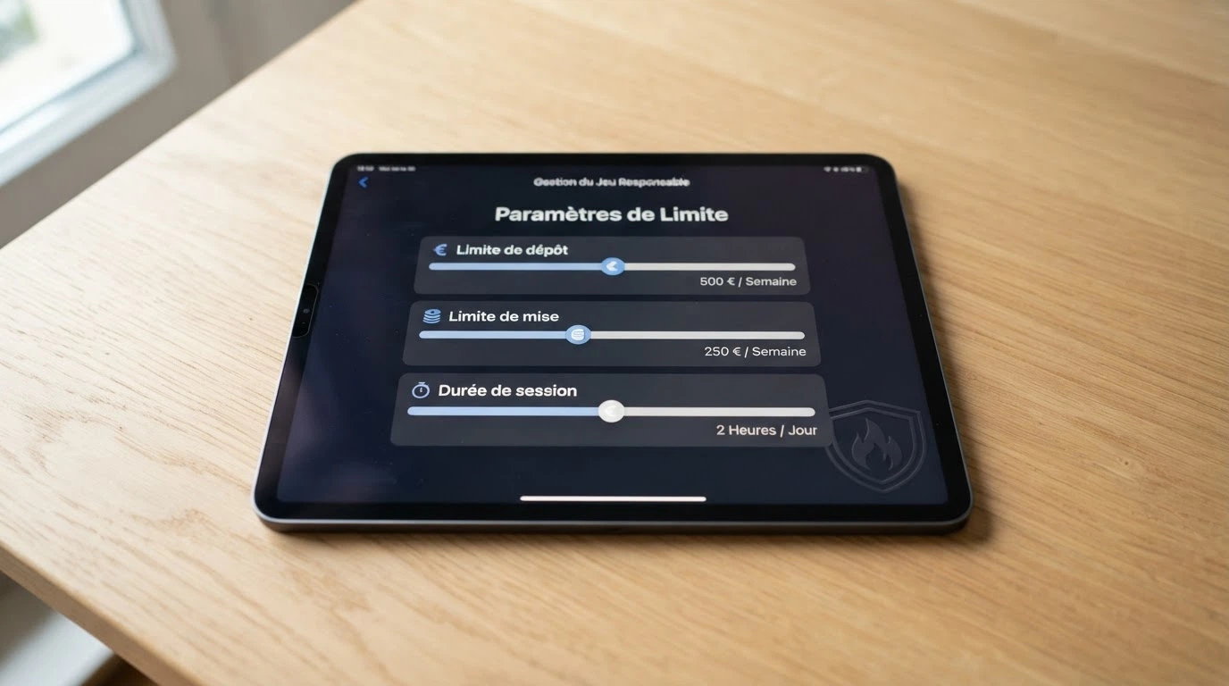 Une interface de paramétrage montrant les curseurs « limite de dépôt », « limite de mise » et « durée de session », avec le logo ANJ en filigrane