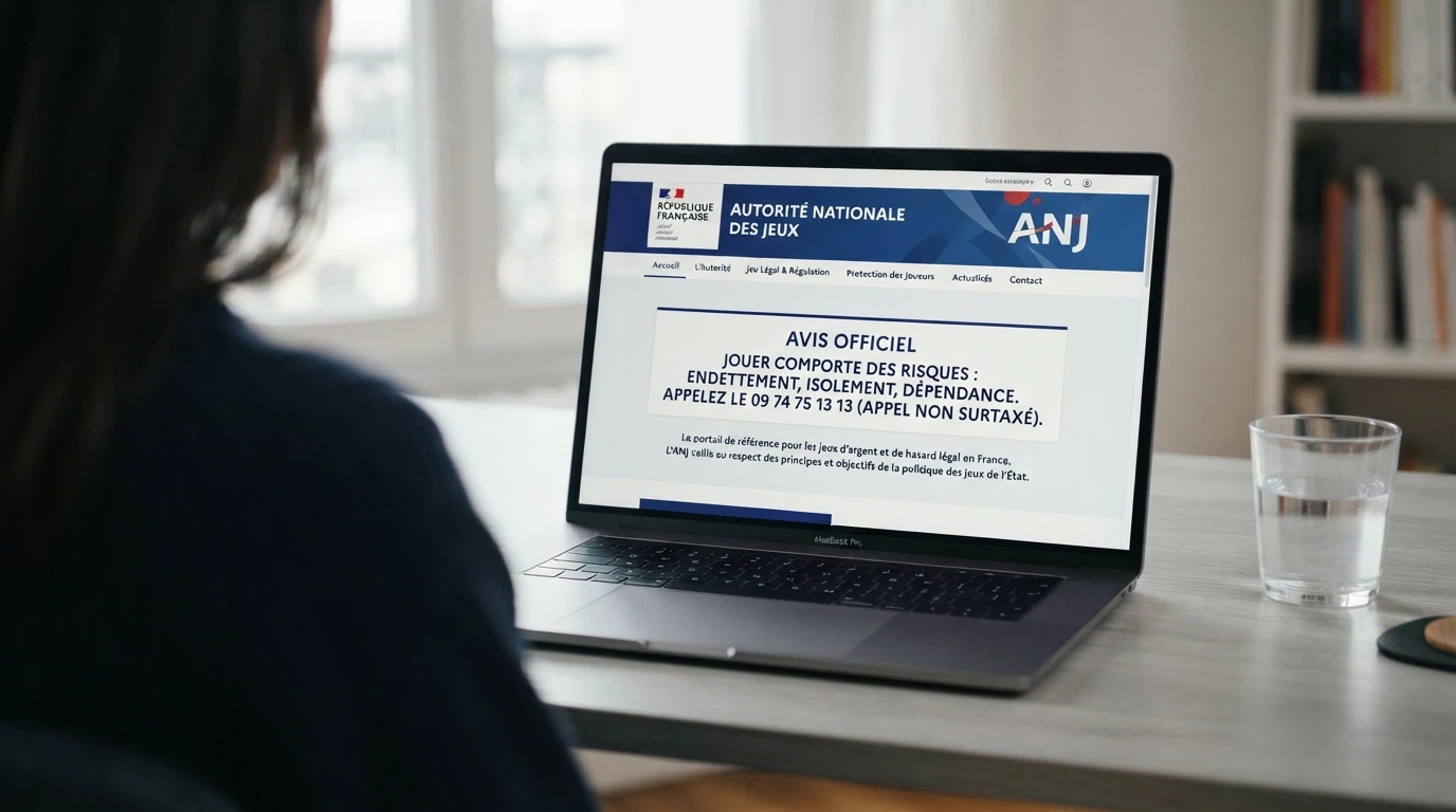 Capture de la page d'accueil du site anj.fr avec le bandeau officiel de l'Autorité nationale des jeux et la mention du cadre légal des jeux d'argent en France