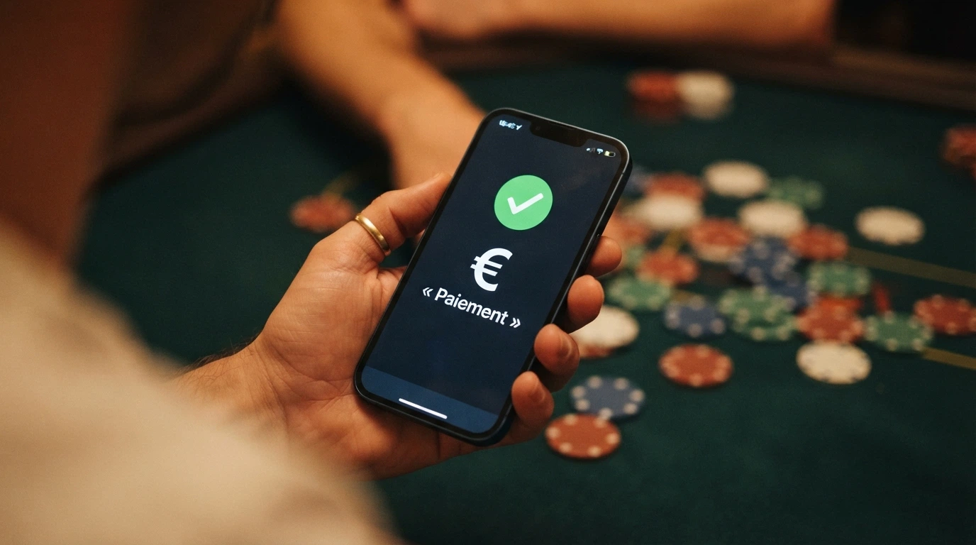 Une main tenant un smartphone ouvert sur l'écran de paiement Lydia, une pile de jetons de casino floutée en arrière-plan