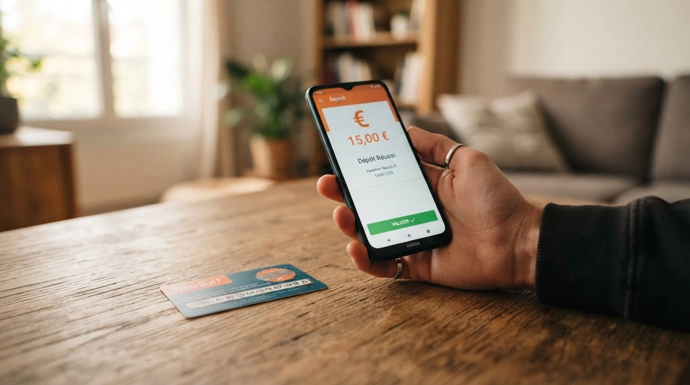 Une main tenant un smartphone affichant l'interface de dépôt d'un casino, un ticket Neosurf gratté posé à côté, une flèche rouge barrée dans le sens du retrait