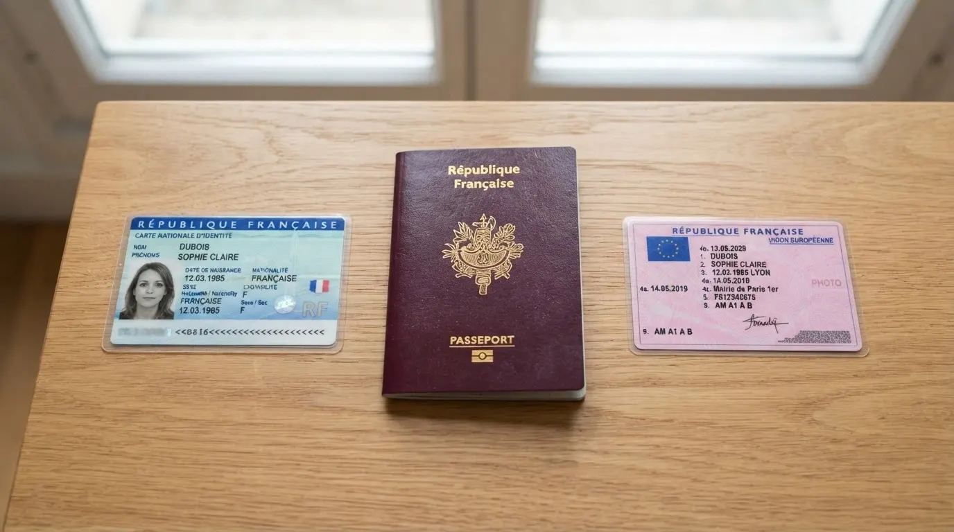 Carte nationale d'identité, passeport et permis de conduire français alignés sur une table