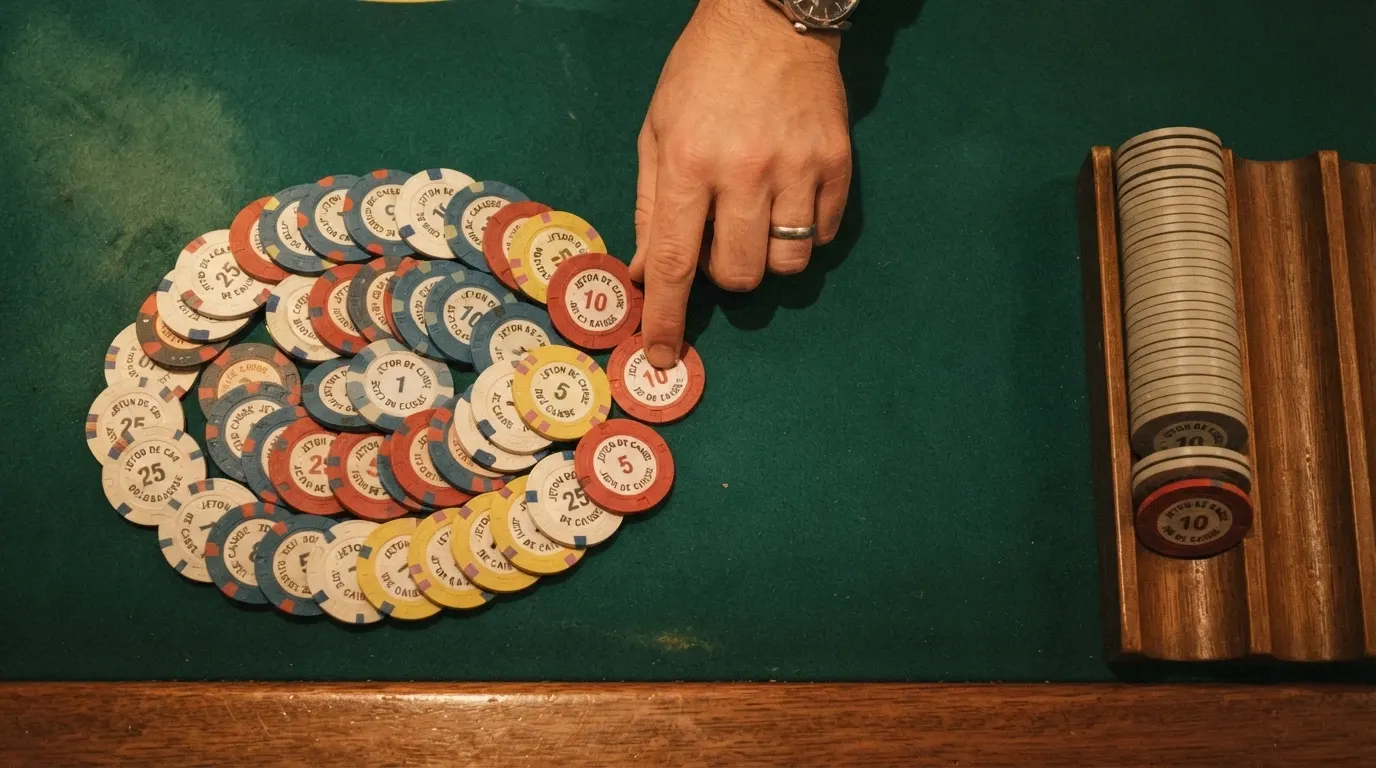 Une liasse de billets comptée à côté de jetons de casino sur une table de change