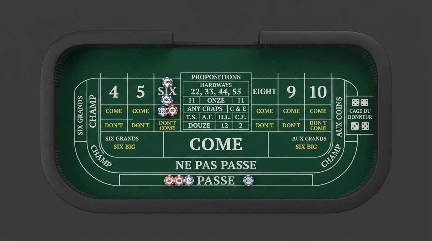 Plateau de craps vu du dessus avec les zones de mise Pass Line, Don't Pass, Come, Field et les paris centraux