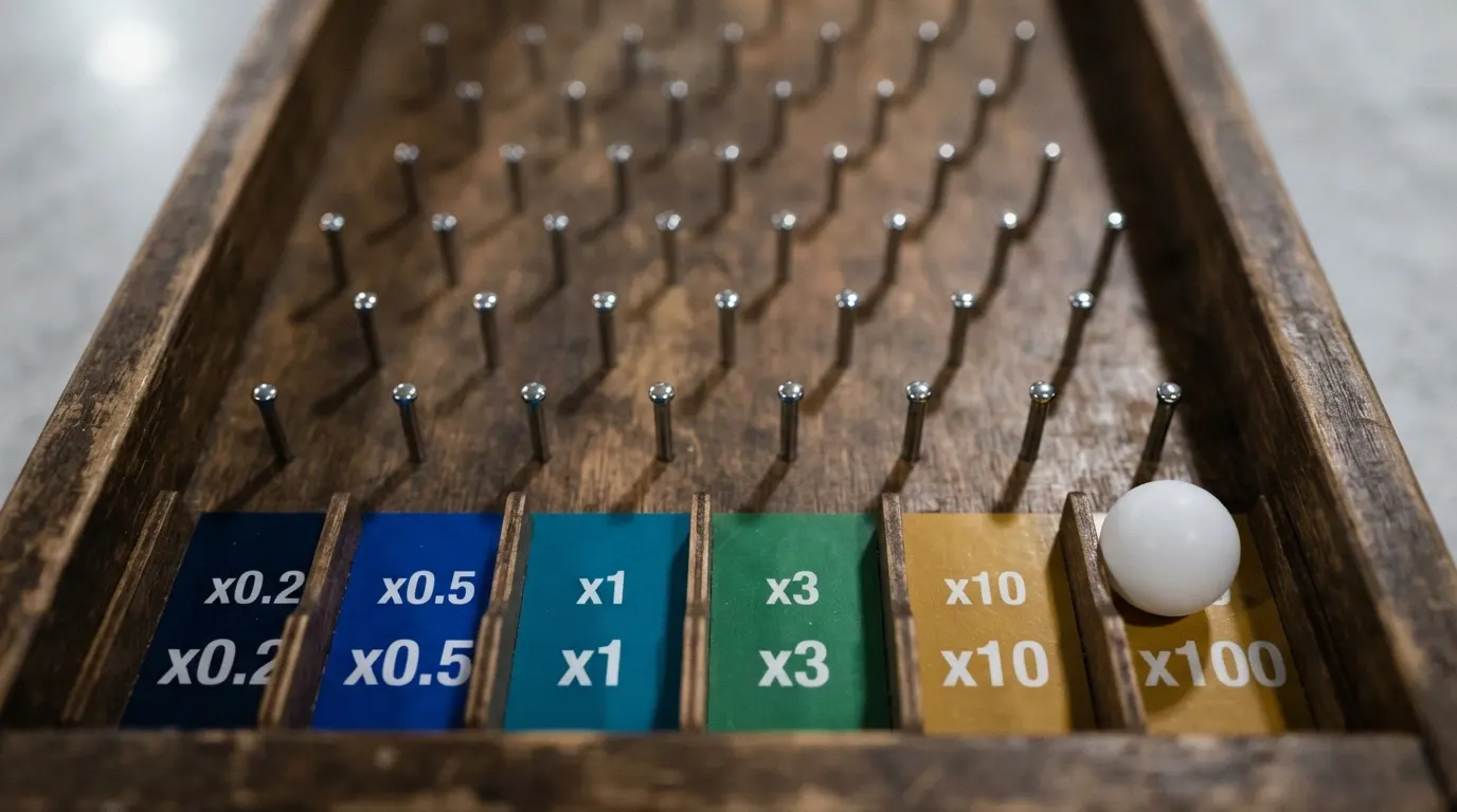 Gros plan sur la zone d'arrivée d'un plateau de Plinko montrant la répartition des multiplicateurs de gain