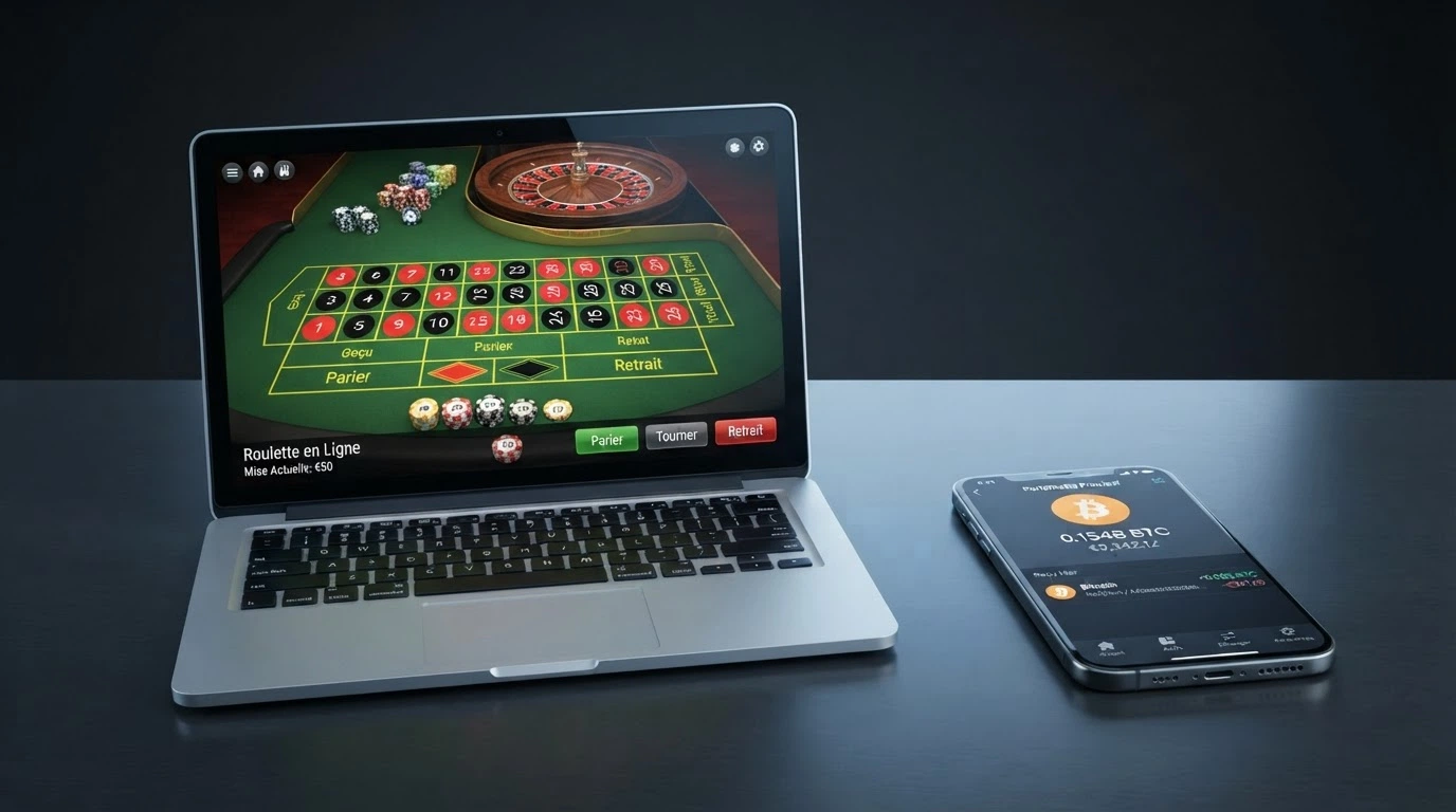 Écran partagé entre l'interface d'un casino en ligne et un portefeuille Bitcoin affichant une transaction récente