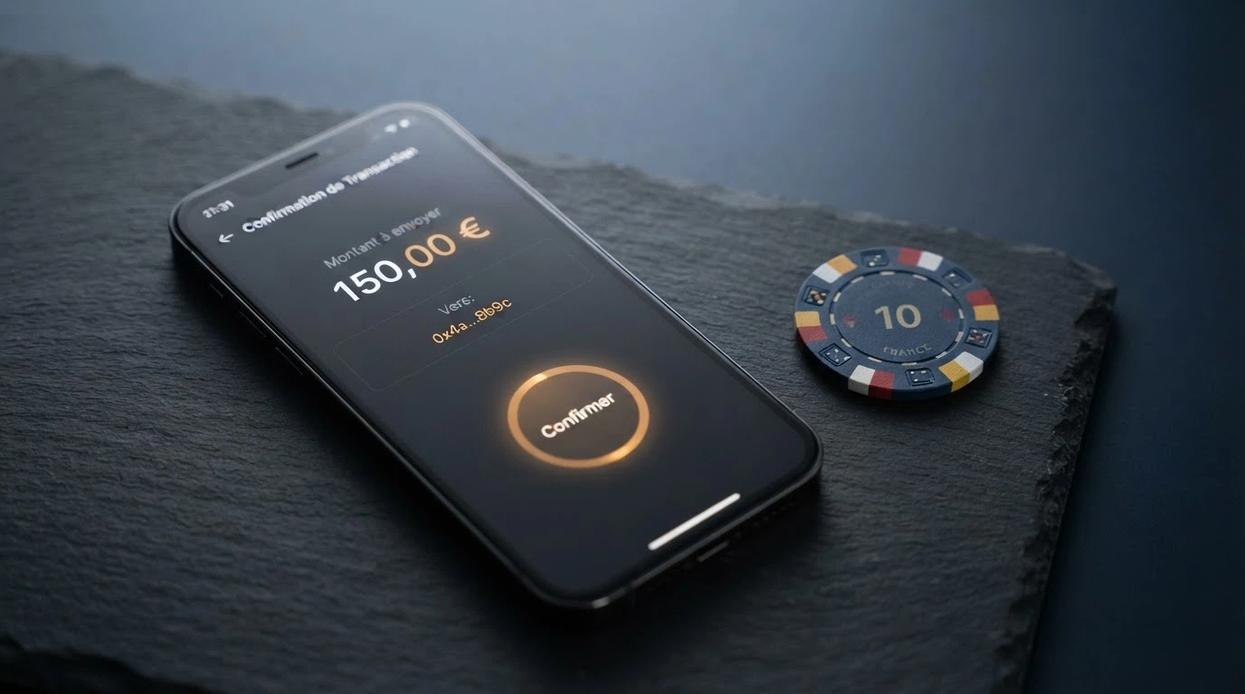 Un smartphone affichant une application de portefeuille crypto avec l'écran de confirmation d'une transaction vers un casino, sur fond de logos Bitcoin, Ethereum et Monero