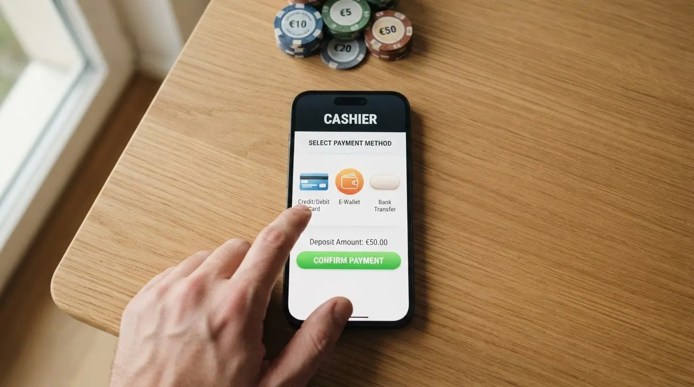Les étapes d'un dépôt par carte bancaire sur l'écran d'un casino en ligne, avec le logo American Express visible parmi les moyens de paiement proposés