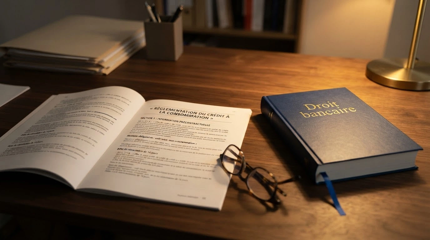 Un extrait du Code de la consommation posé sur un bureau à côté d'un document officiel de la Banque de France