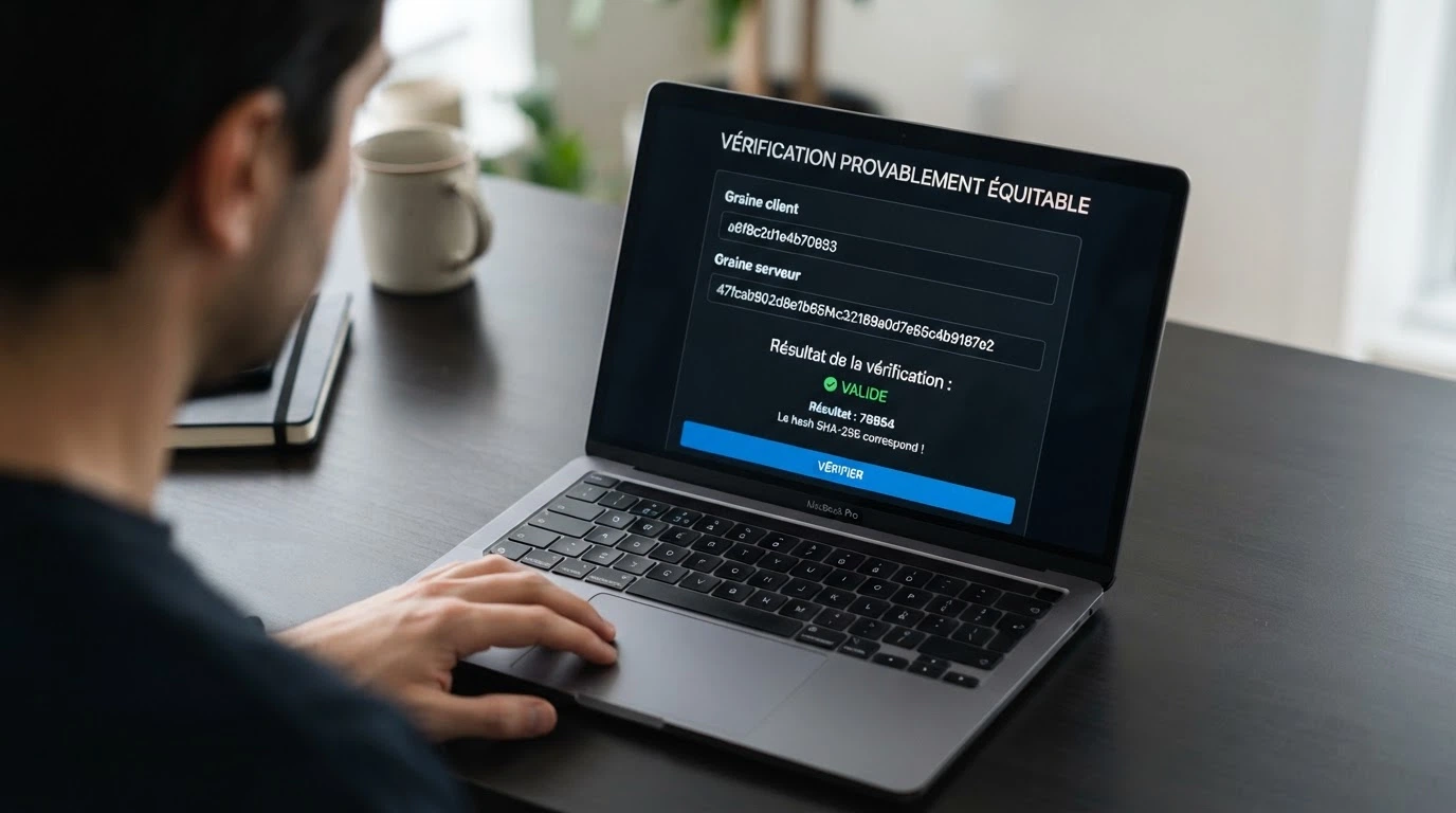 Un écran de vérification provably fair affichant une graine client et une graine serveur avec le hash du résultat