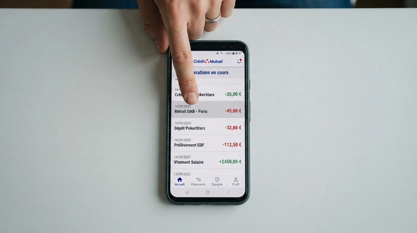 Relevé bancaire affichant une opération de jeu marquée « quasi-cash »