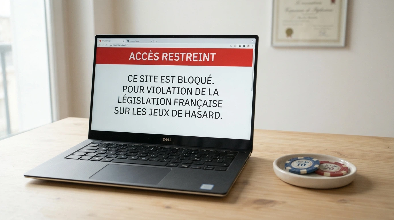 Façade du siège de l'ANJ ou document officiel portant le logo de l'Autorité nationale des jeux, avec un écran en arrière-plan affichant la liste noire des sites bloqués