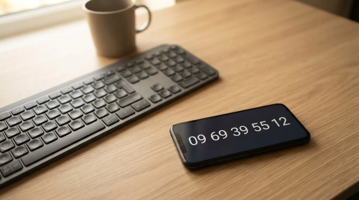 Un téléphone portable affichant le numéro de SOS Joueurs (09 69 39 55 12) posé à côté d'un clavier d'ordinateur, une tasse de café à l'arrière-plan