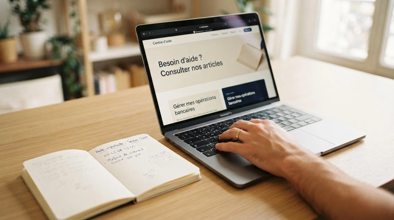 Une main posée sur un clavier, à côté d'un carnet où sont notés un numéro d'aide et un plafond de dépôt