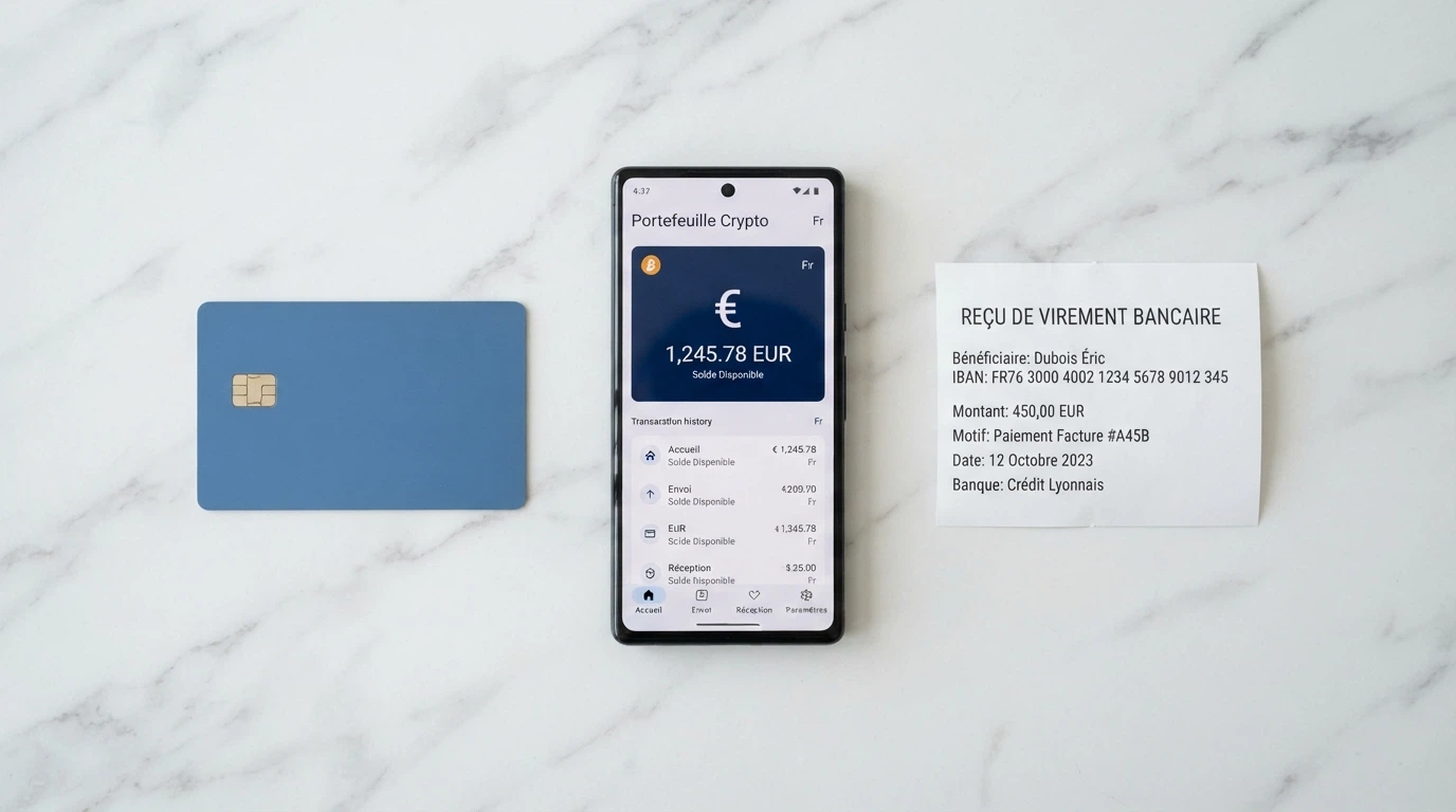 Plusieurs moyens de paiement alignés sur un bureau — une carte bancaire, un téléphone affichant un portefeuille crypto, et un reçu de virement bancaire