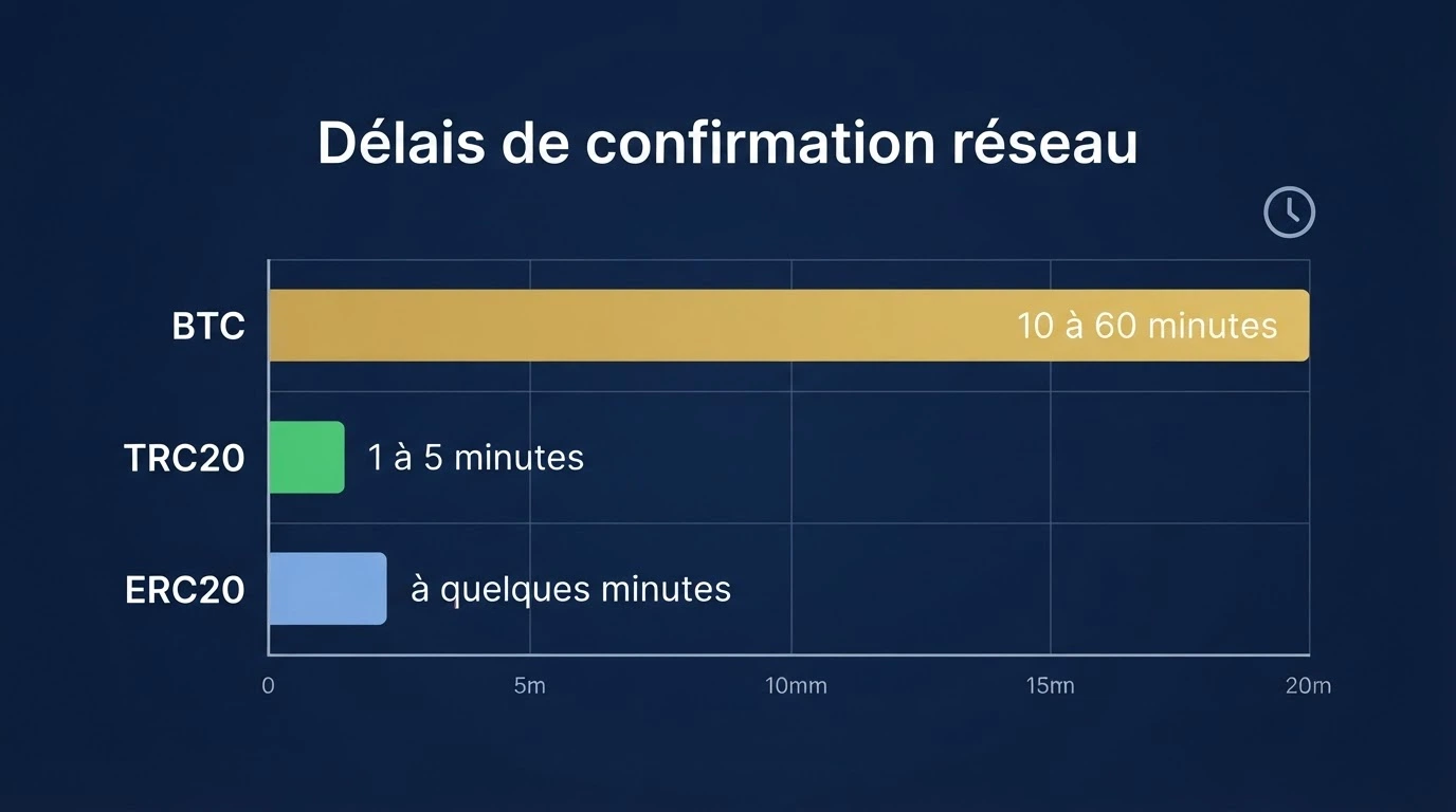Schéma comparant les délais de retrait selon la cryptomonnaie utilisée — Bitcoin, Ethereum et USDT — avec les temps de confirmation réseau