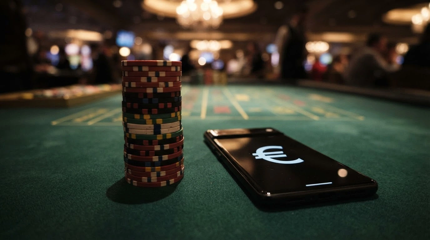 Une liasse de billets et un téléphone affichant une notification de retrait prioritaire sur fond de table de casino