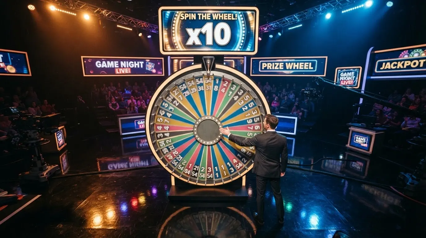 Plateau de jeu Crazy Time en direct, présentateur devant la roue aux 54 segments et écran du Top Slot