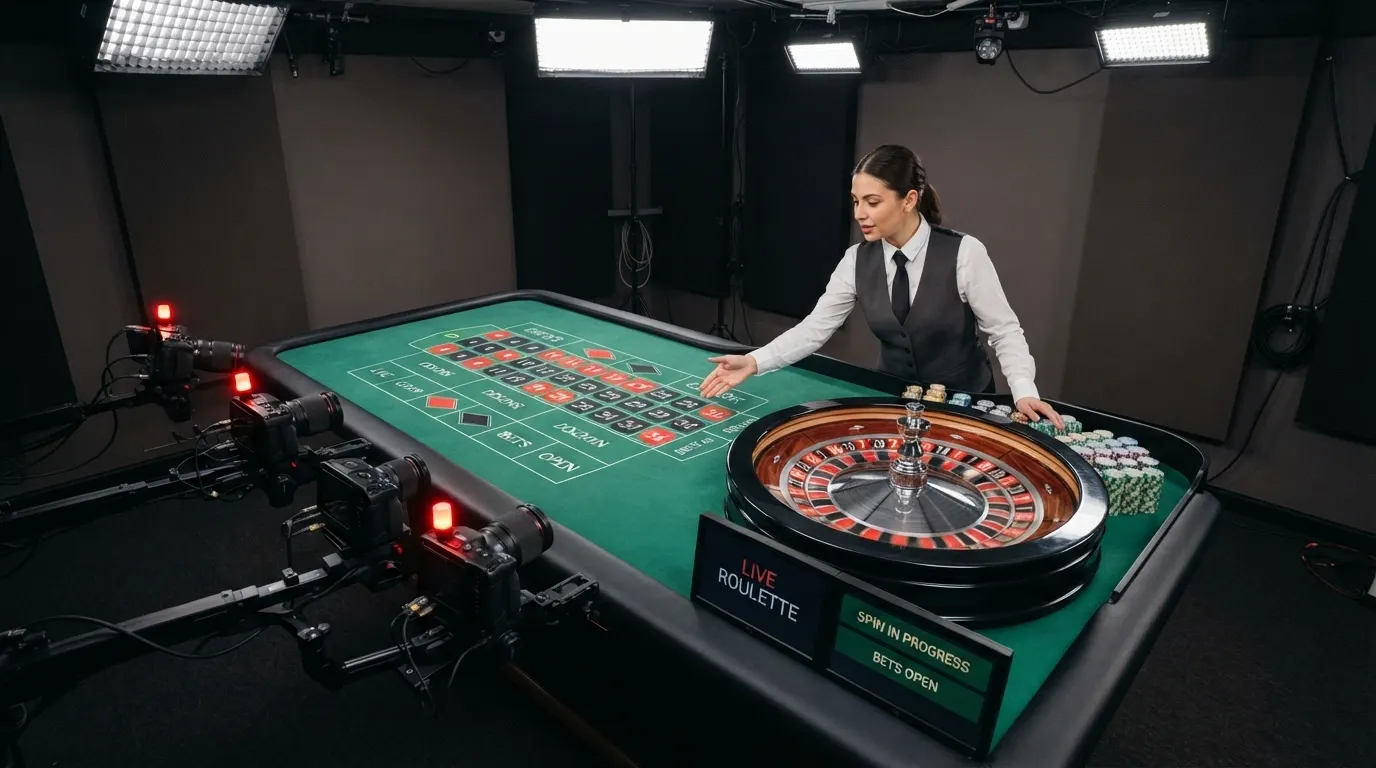 Une table de roulette en direct filmée depuis plusieurs angles, les caméras visibles en bord de table, le cylindre en mouvement et le croupier qui annonce les jeux