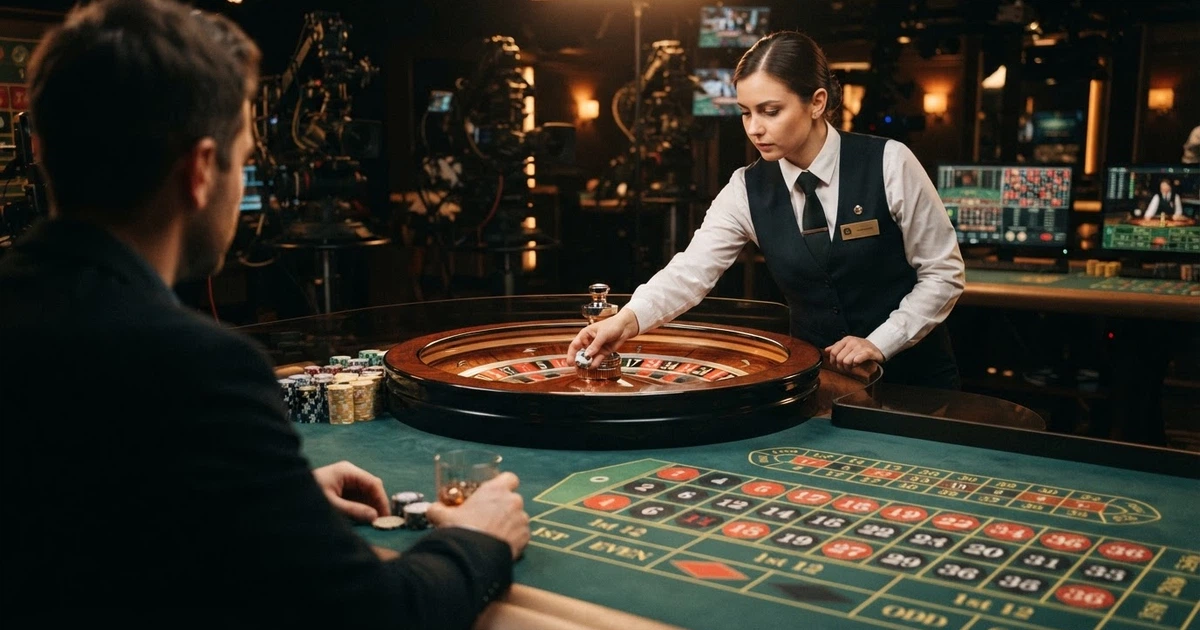 Une table de roulette en direct filmée en studio, un croupier en tenue professionnelle s'apprête à lancer la bille sur le cylindre, le tapis de mise illuminé au premier plan