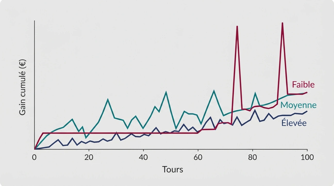 Un graphique comparatif simplifié montrant trois profils de volatilité (faible, moyenne, élevée) avec leur courbe de gain