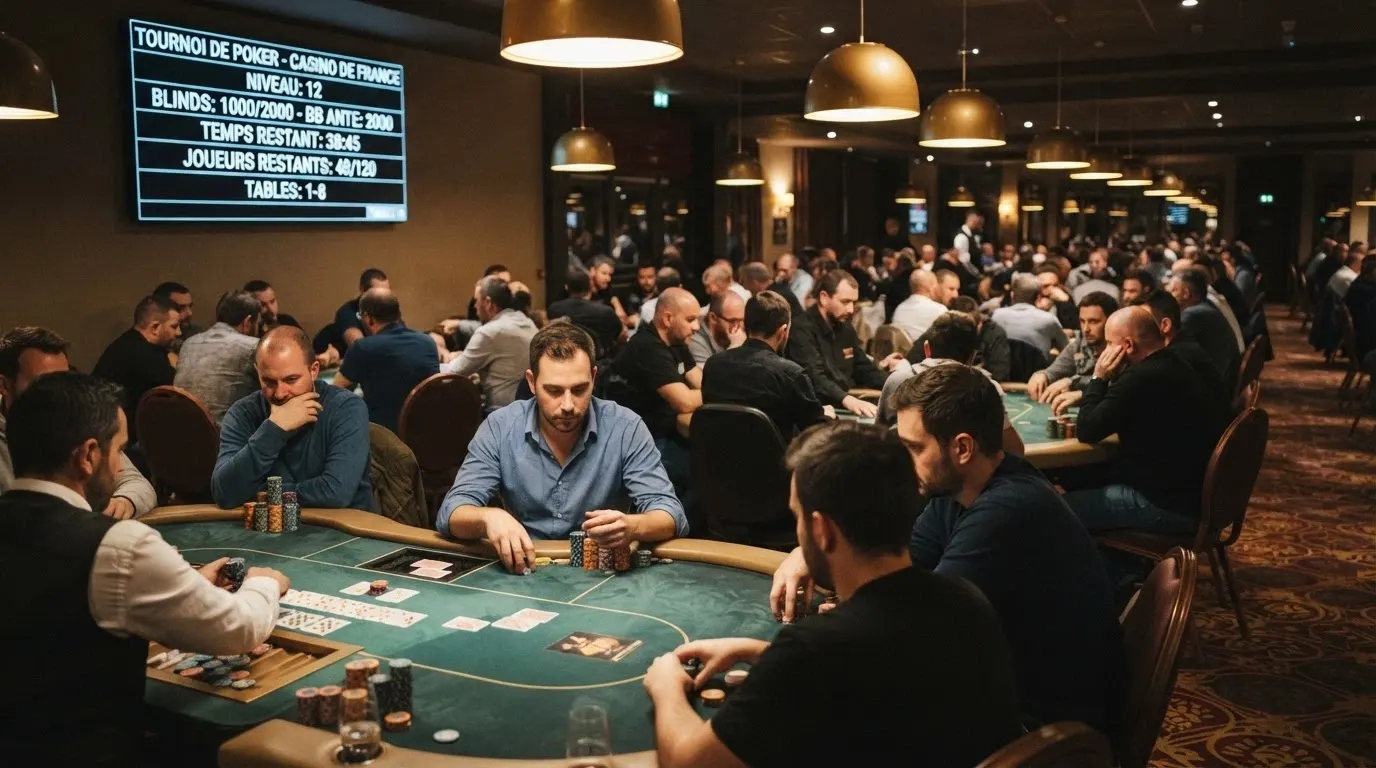 Une salle de poker d'un casino français avec des tables de tournoi occupées, des jetons empilés et un tableau de blindes affiché au mur