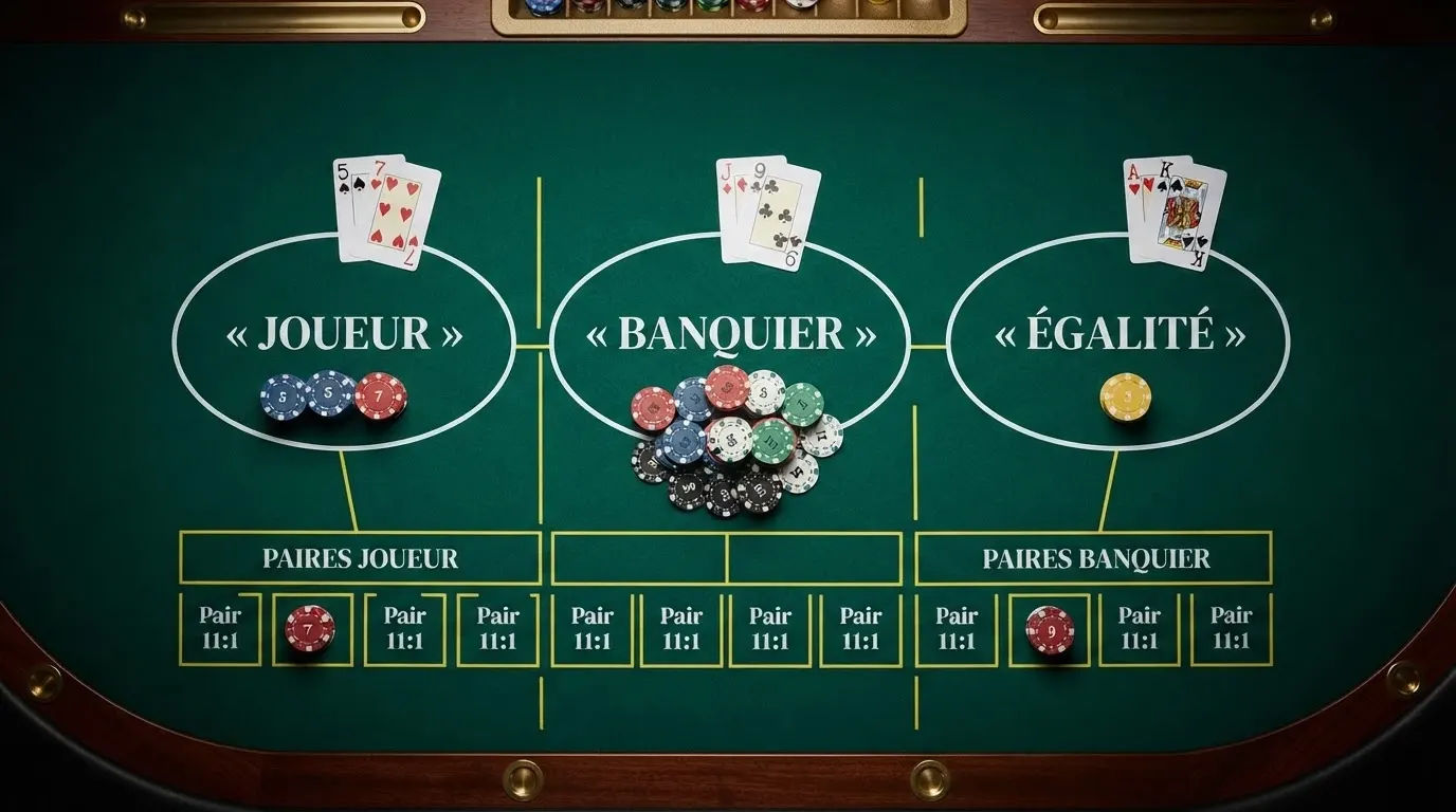 Un schéma annoté du plateau de baccarat montrant les trois zones de mise principales (Joueur, Banquier, Égalité) et les cases annexes, avec des jetons positionnés