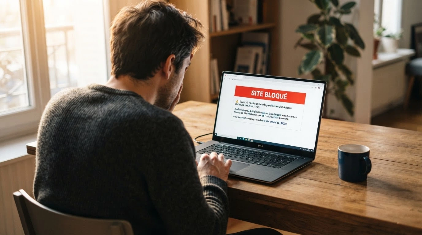 Une carte ou une liste visuelle des URLs de casinos en ligne bloquées par l'ANJ, avec la mention « site bloqué sur décision administrative »