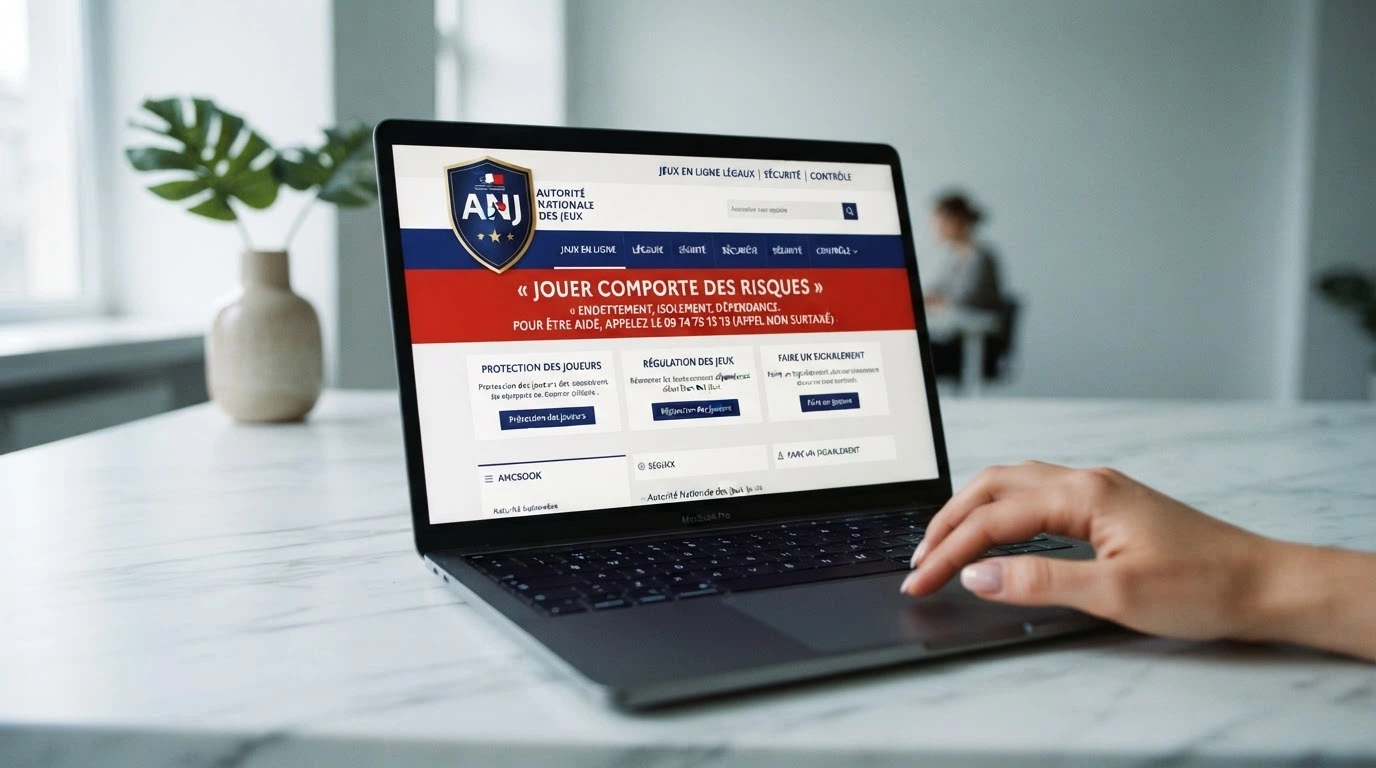 Logo officiel de l'ANJ — Autorité nationale des jeux — sur fond blanc avec la mention « Jouer comporte des risques »