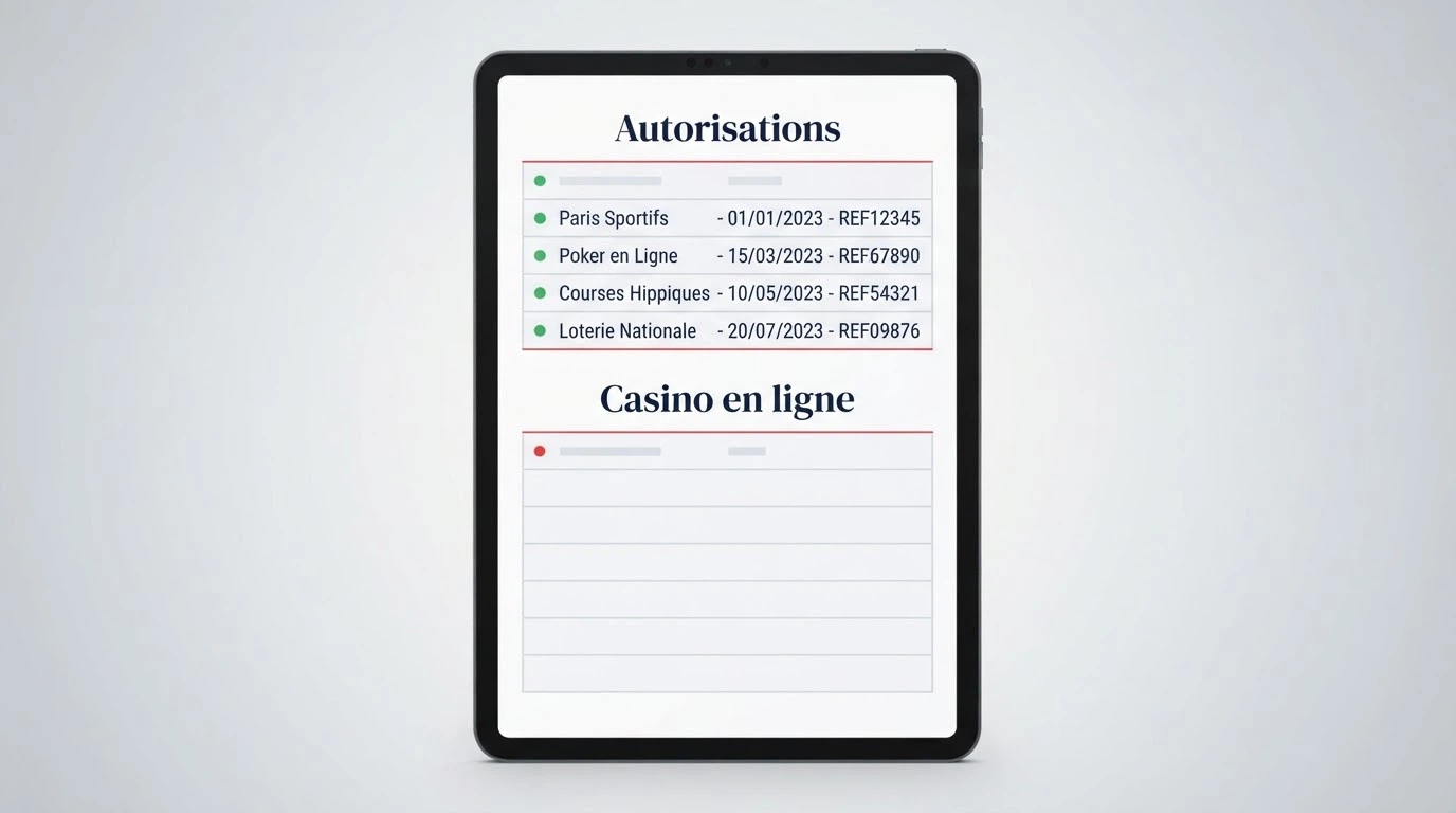 Une capture d'écran du registre des opérateurs agréés de l'ANJ, juxtaposée à la liste des jeux interdits en ligne
