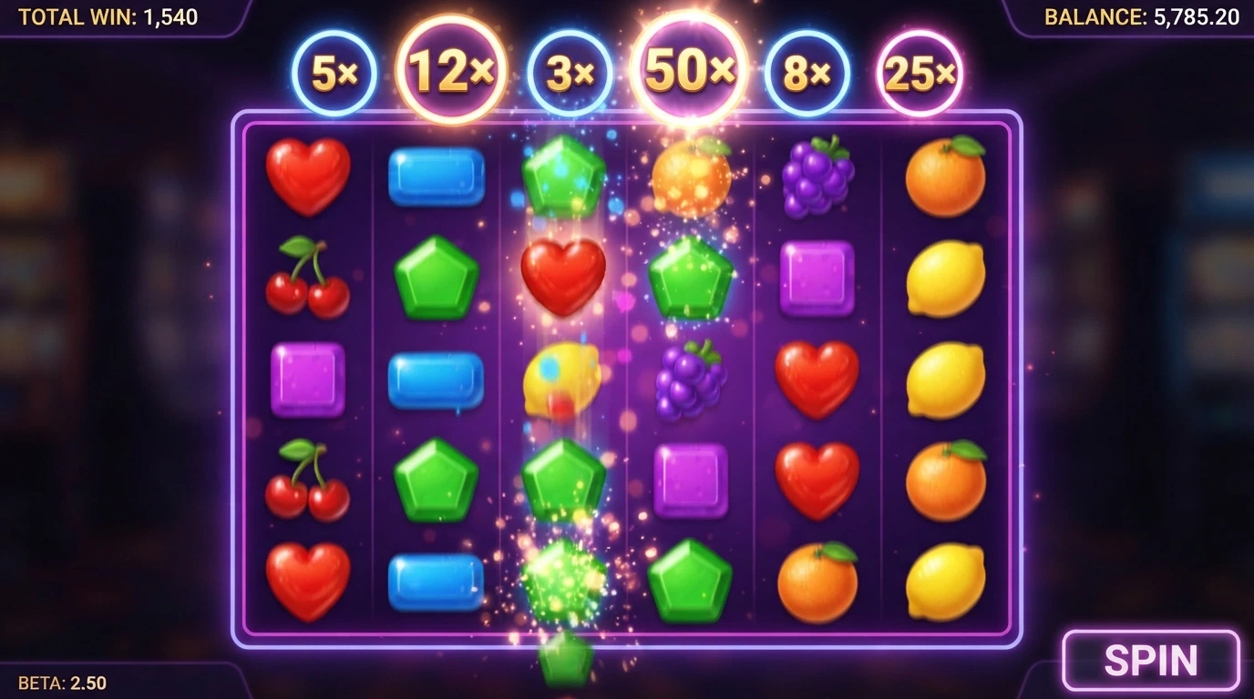 La grille 6×5 de Sweet Bonanza en pleine action : des symboles de bonbons multicolores tombent en cascade après un gain Tumble, avec les multiplicateurs affichés en surimpression.