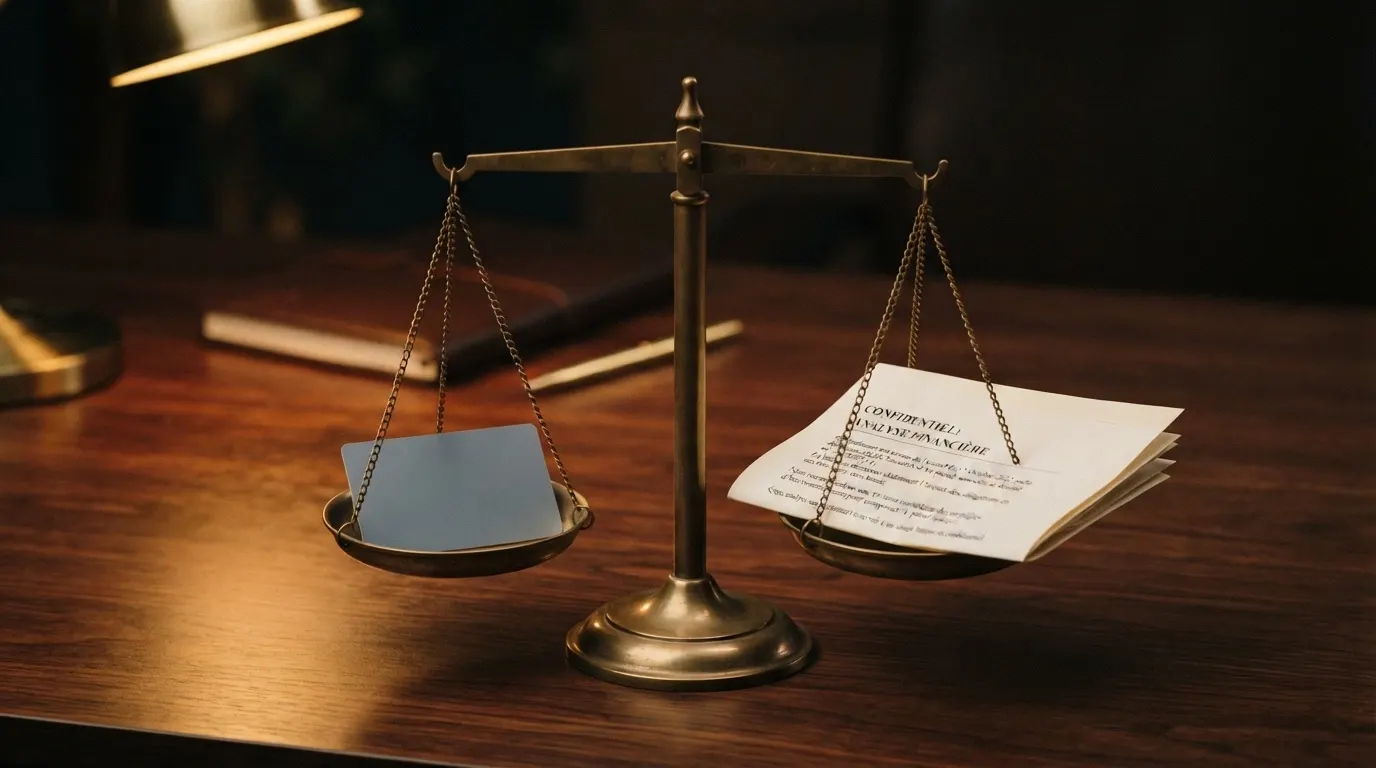Une balance de justice posée sur un bureau : d'un côté une carte American Express, de l'autre un document officiel portant le sceau de l'ANJ