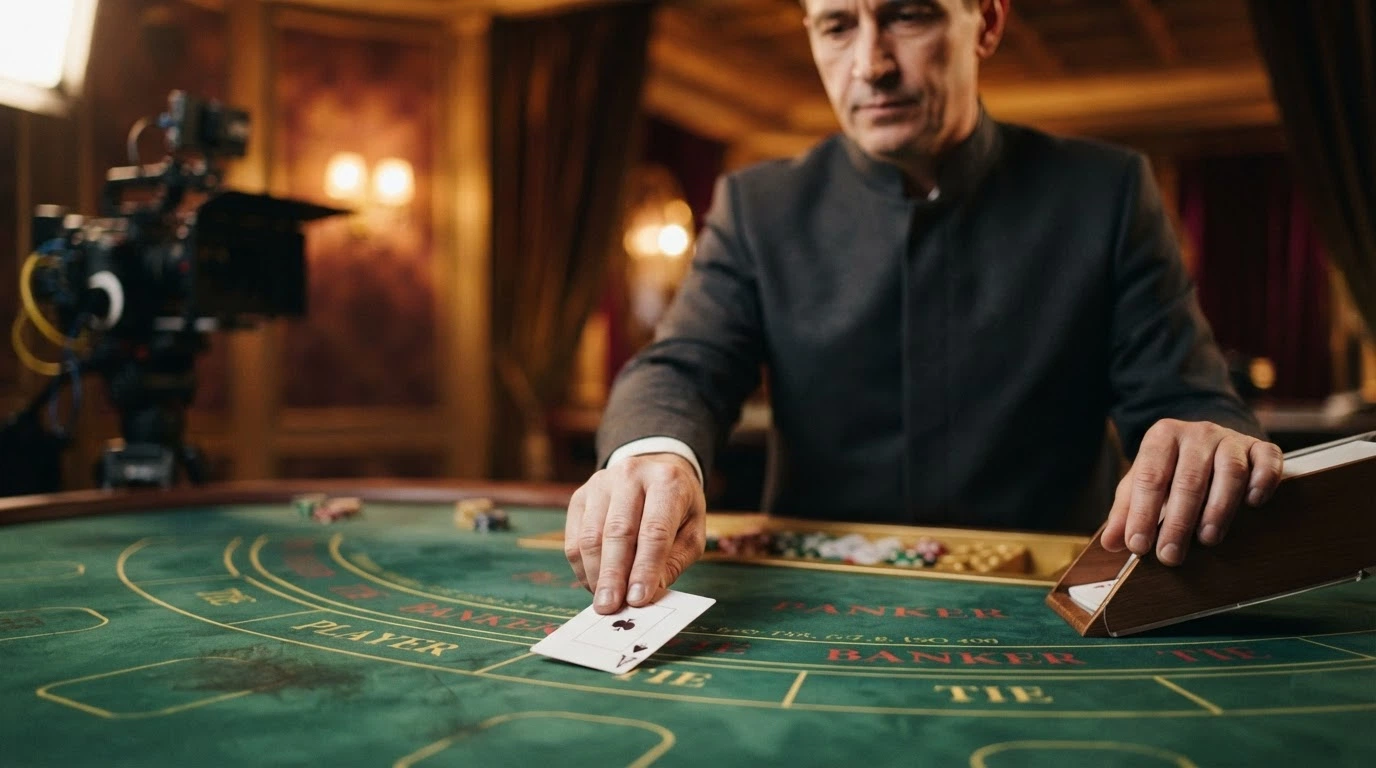 Un croupier de baccarat filmé en gros plan dans un studio professionnel, les cartes retournées une à une devant un décor de casino élégant éclairé aux tons chauds
