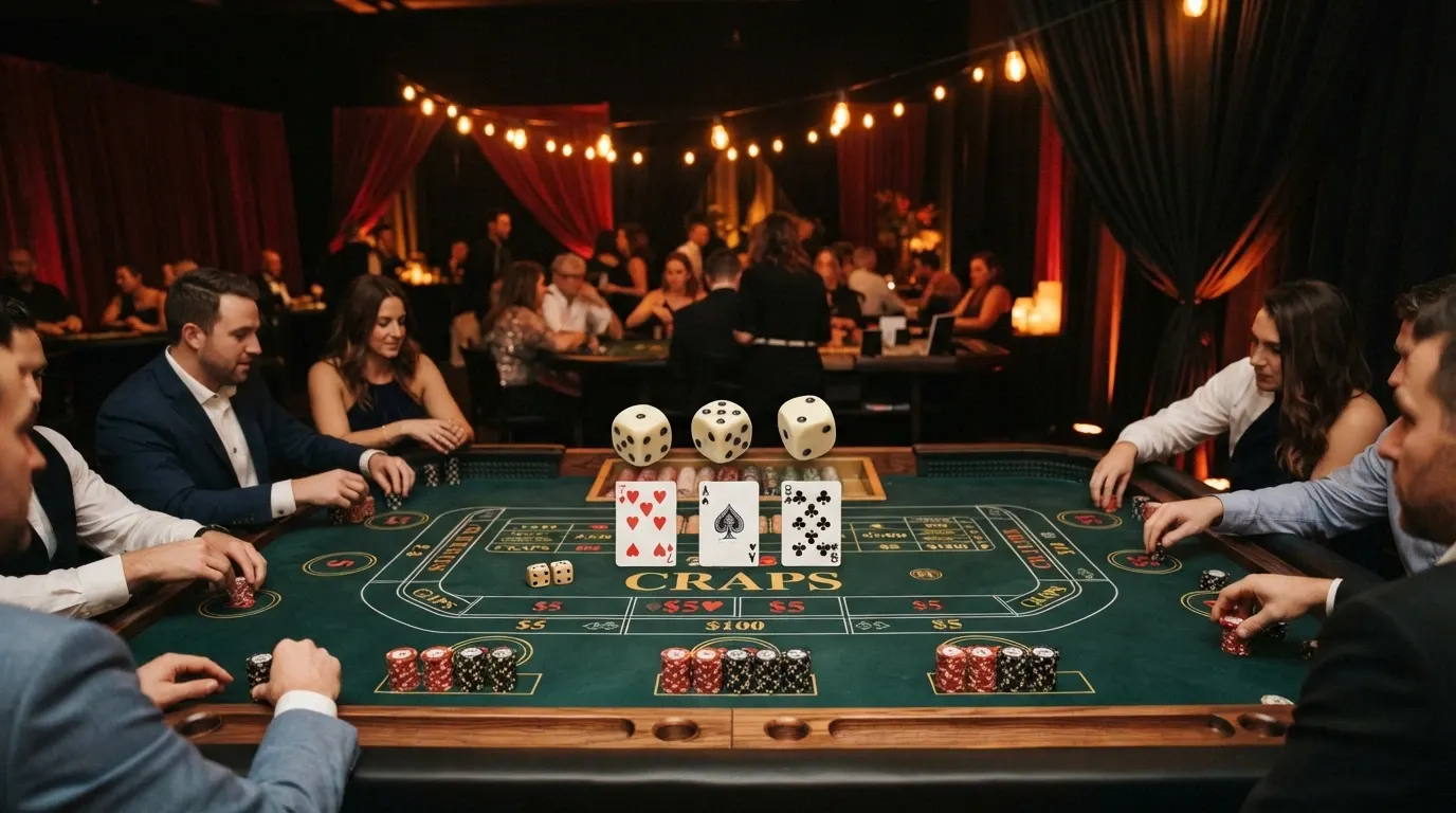 Table de jeu recouverte d'un tapis vert avec jetons, cartes et dés, éclairée par une guirlande lumineuse dans une pièce décorée aux couleurs rouge et noir
