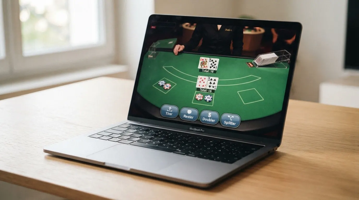Une capture d'écran d'une table de blackjack en ligne avec les icônes d'action (tirer, rester, doubler, splitter) superposées sur le tapis, les cartes du joueur et du croupier sont visibles.