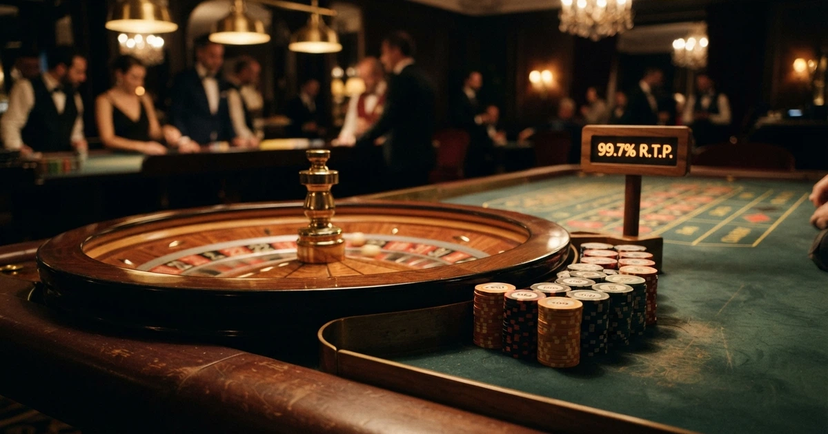 Une roulette de casino vue de près avec des jetons empilés, un écran digital affichant un pourcentage et l'inscription « Return to Player » en arrière-plan.